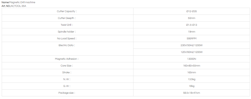 MAGNETIC DRILL：ACTOOL-35A